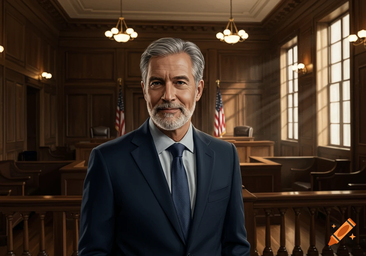A man in a suit stands in a courtroom.