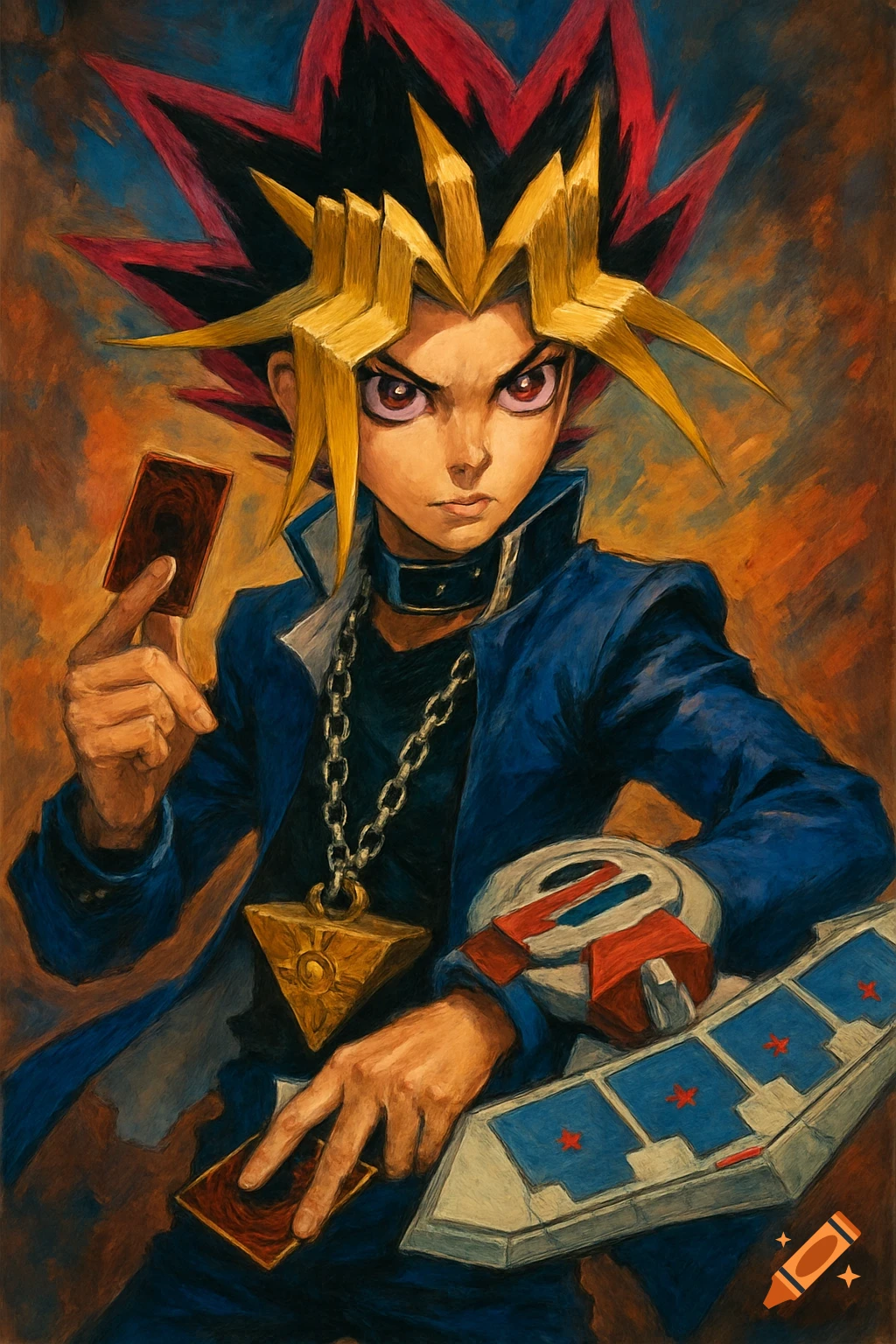 Portrait of anime character Yugi from Yu-Gi-Oh! holding cards, painted style.