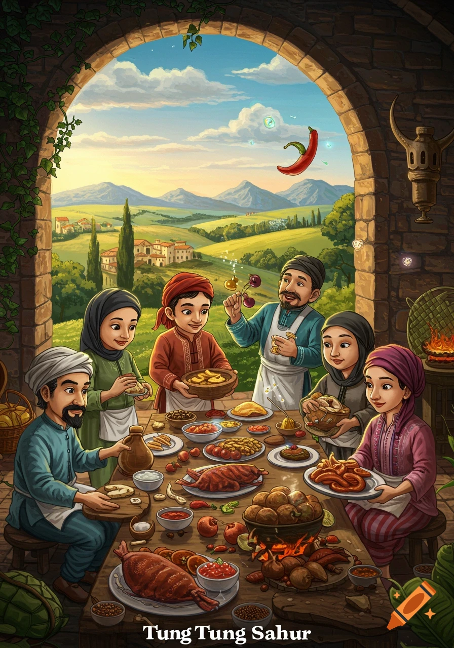 Illustration of a family sharing a large meal on an outdoor terrace with a view of the Italian countryside.