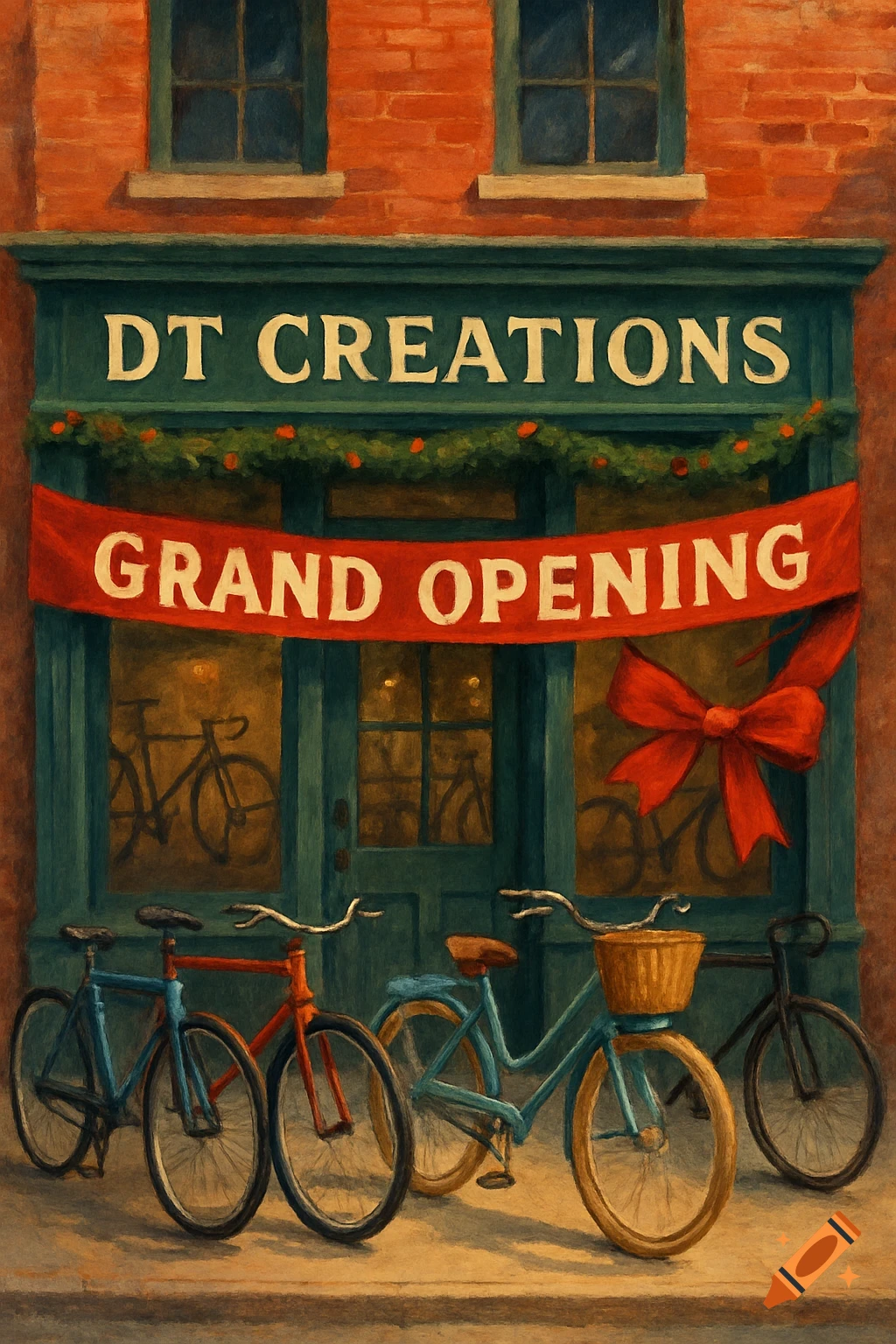 Painting of a bicycle shop grand opening with bicycles parked outside