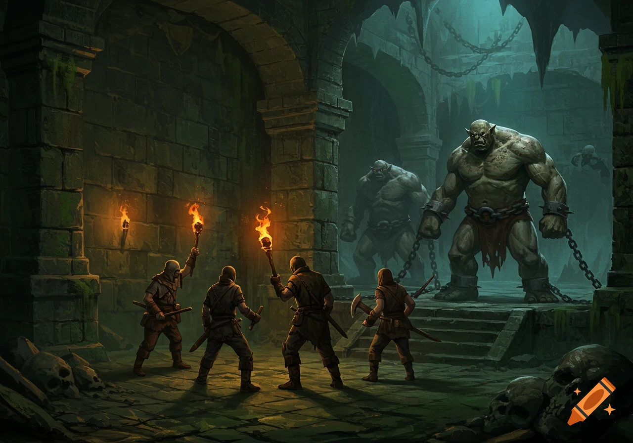 Four figures with torches face two chained ogres in a dark fantasy dungeon.