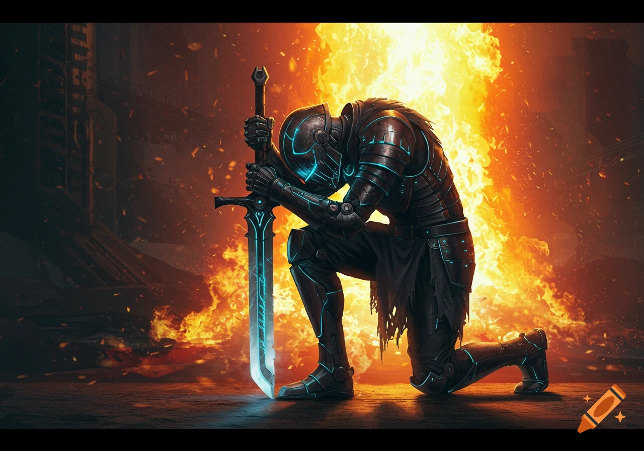 A futuristic knight in dark armor with glowing blue accents kneels, leaning on a tall sword, before a pillar of flames.