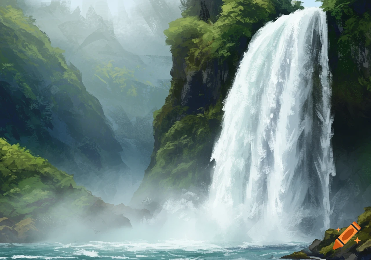 Digital painting of a large waterfall in a lush, rocky gorge
