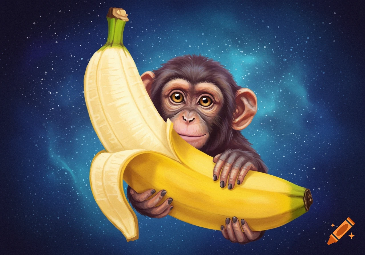 A cute baby monkey holds a large peeled banana against a starry blue space background.
