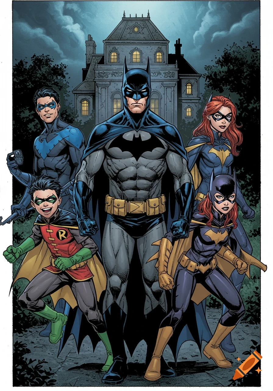 Comic art of Batman, Robin, Nightwing, and two Batgirls standing outside a large mansion at night.