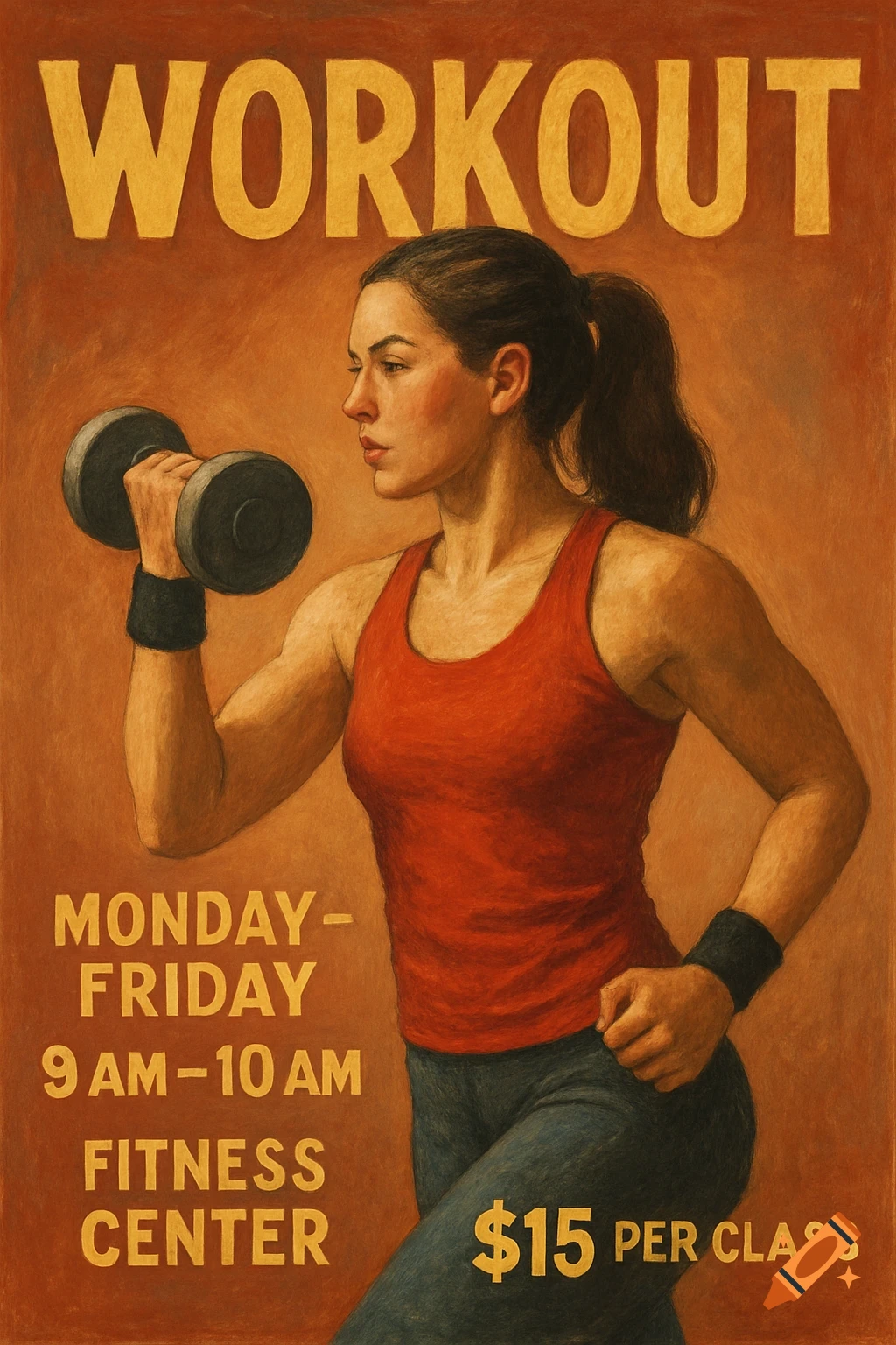 Poster of a woman lifting a dumbbell with workout schedule and price. Painterly style.
