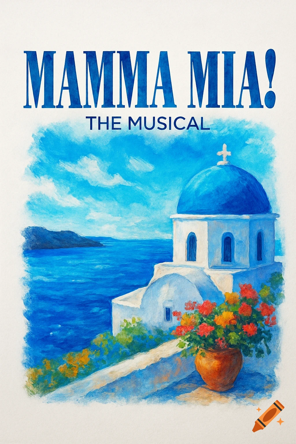 Painted poster for Mamma Mia! The Musical with Greek church, sea, and flowers.