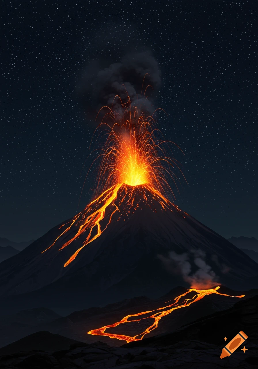 A volcano erupting lava under a starry night sky.