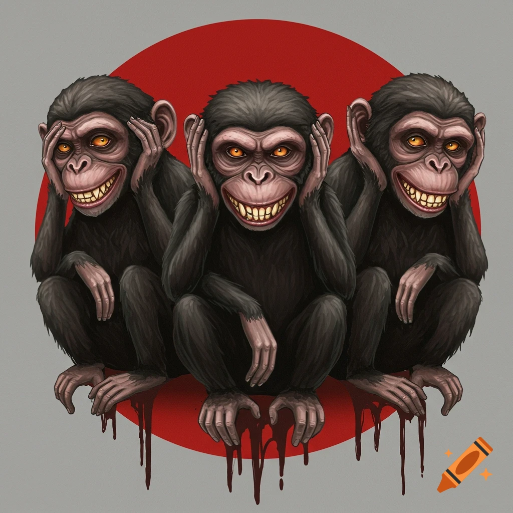Illustration of three sinister chimpanzees depicting see no evil, hear no evil, speak no evil, with glowing eyes, sharp teeth, and blood drips.