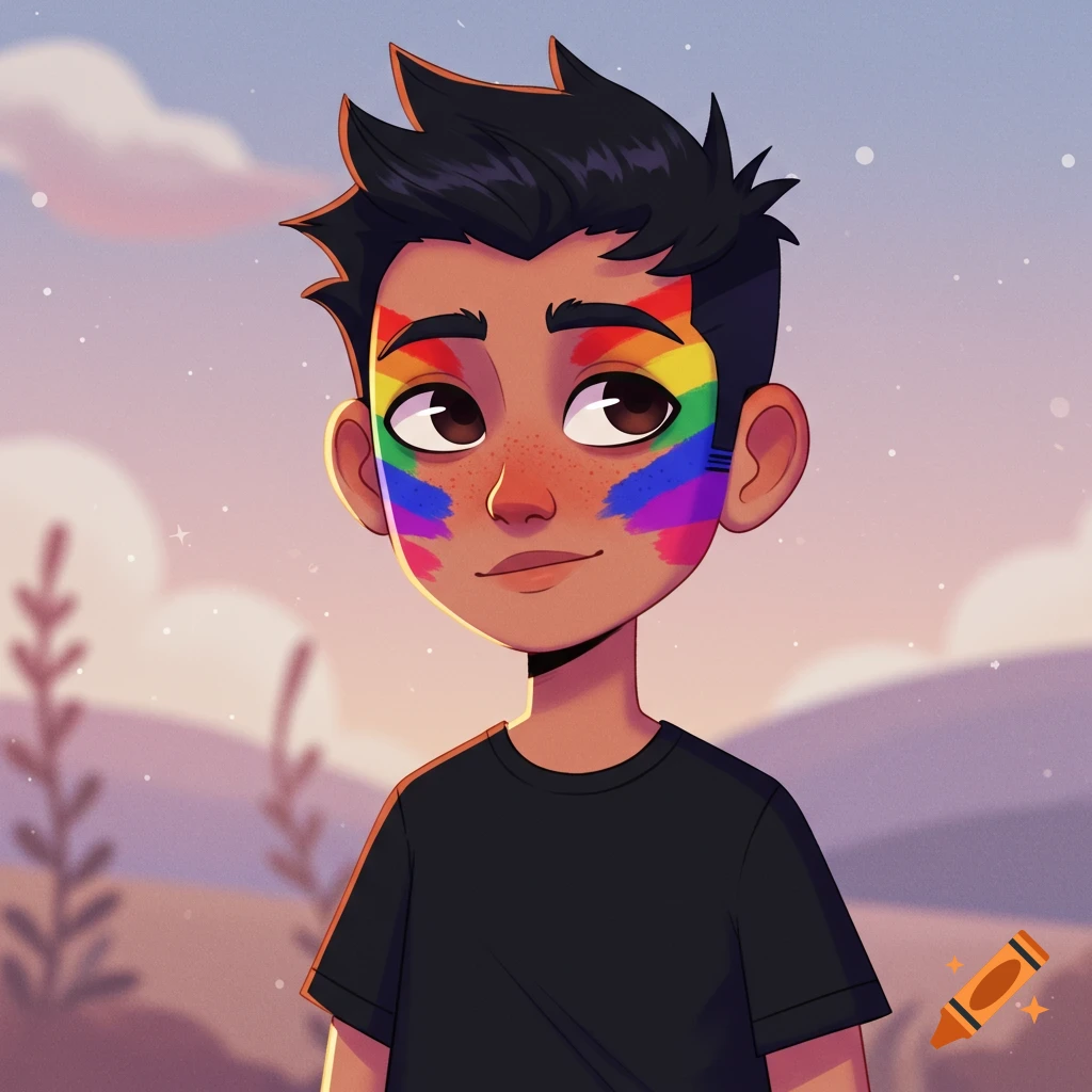 Animated portrait of a person with rainbow face paint