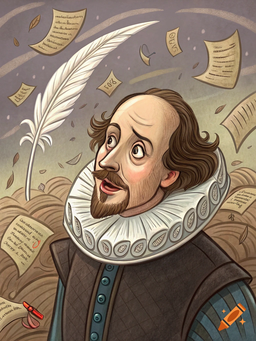 Cartoon illustration of William Shakespeare looking up in surprise, surrounded by floating papers and a quill pen.