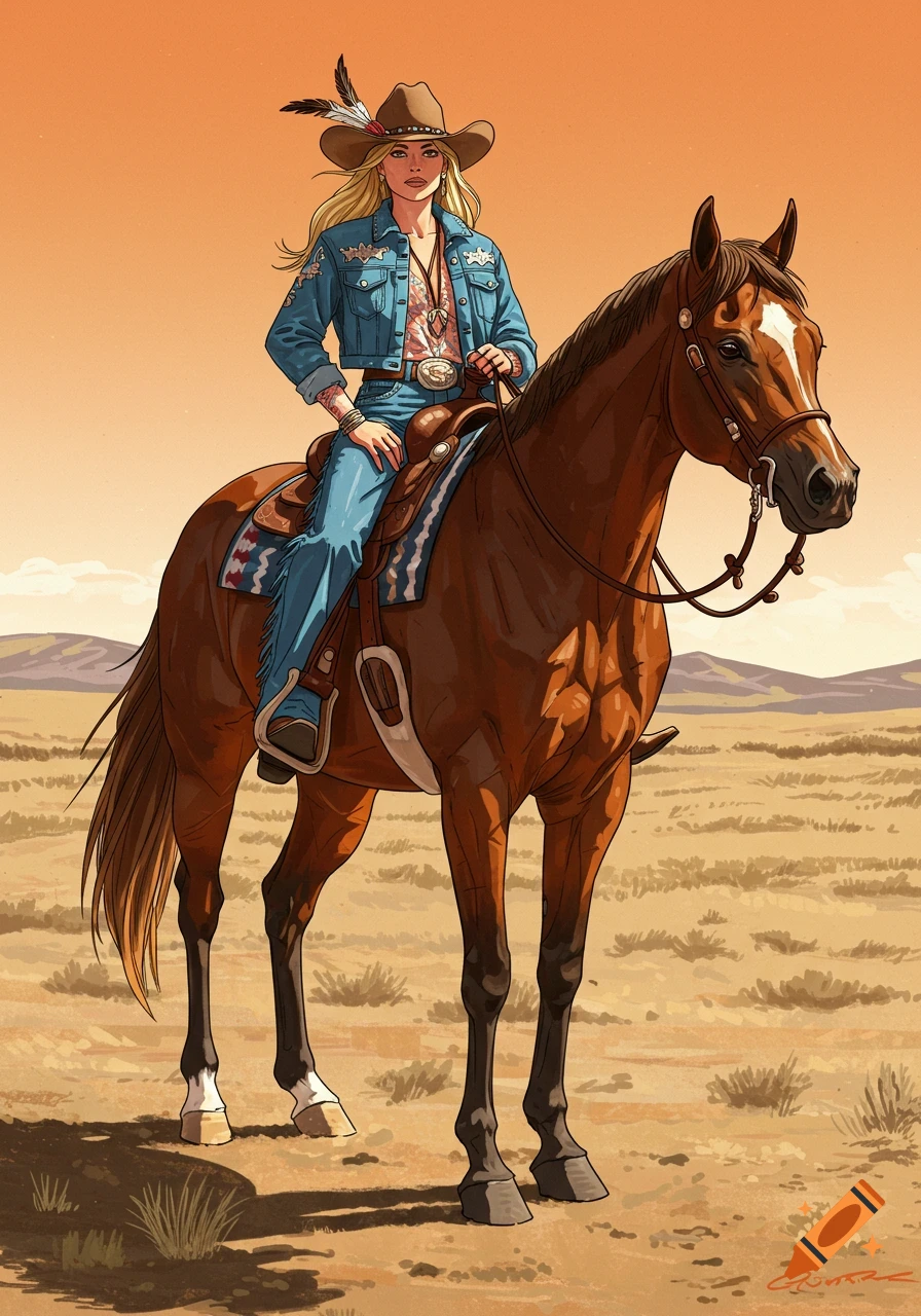 Illustration of a blonde woman in a cowboy hat and denim outfit riding a horse in a desert landscape.