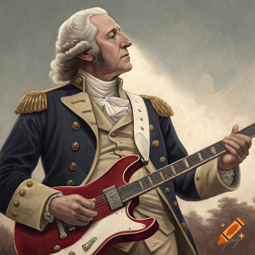 George Washington in military uniform playing a red and white electric guitar in a painterly style.