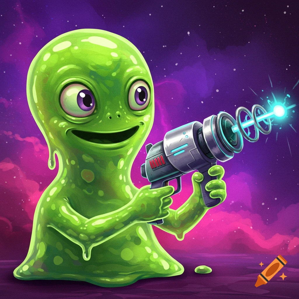 Cartoon green slime alien holding a ray gun in space