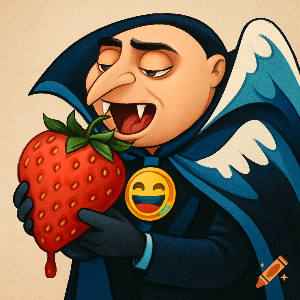 Cartoon vampire (Gru-like) biting a large strawberry, wearing a cape and laughing emoji medallion.