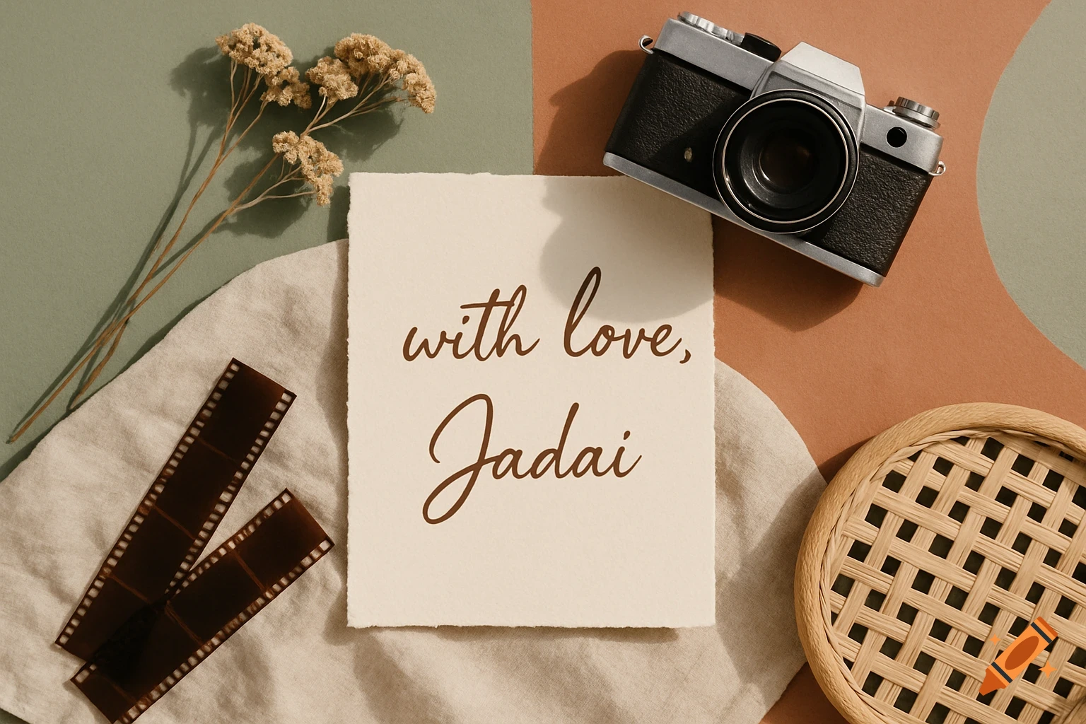 Photography flat lay with vintage camera, card with 'with love, Jadai', film, dried flowers.