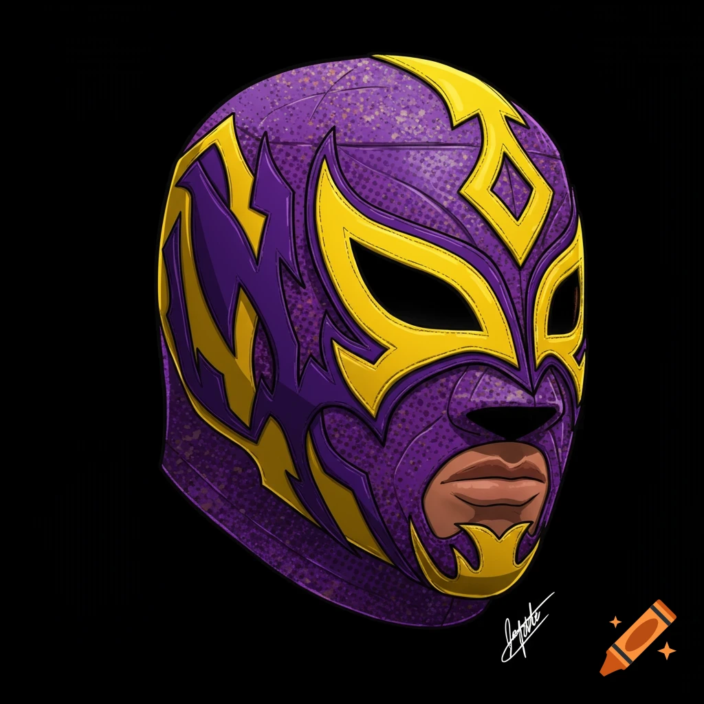Illustration of a purple and yellow wrestling mask against a black background.