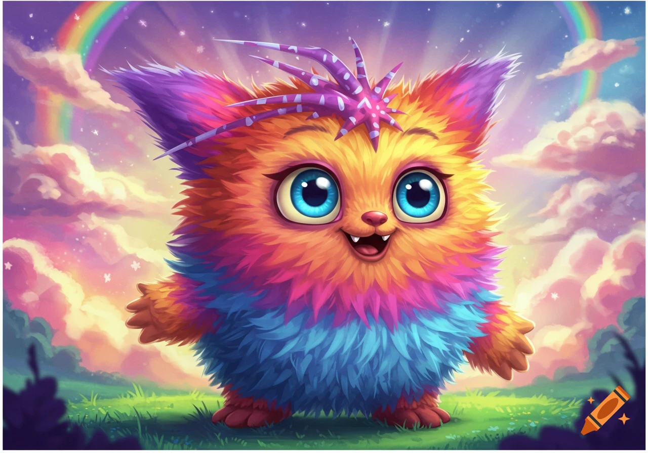 A colorful, fluffy fantasy creature stands in a field under a rainbow and clouds.