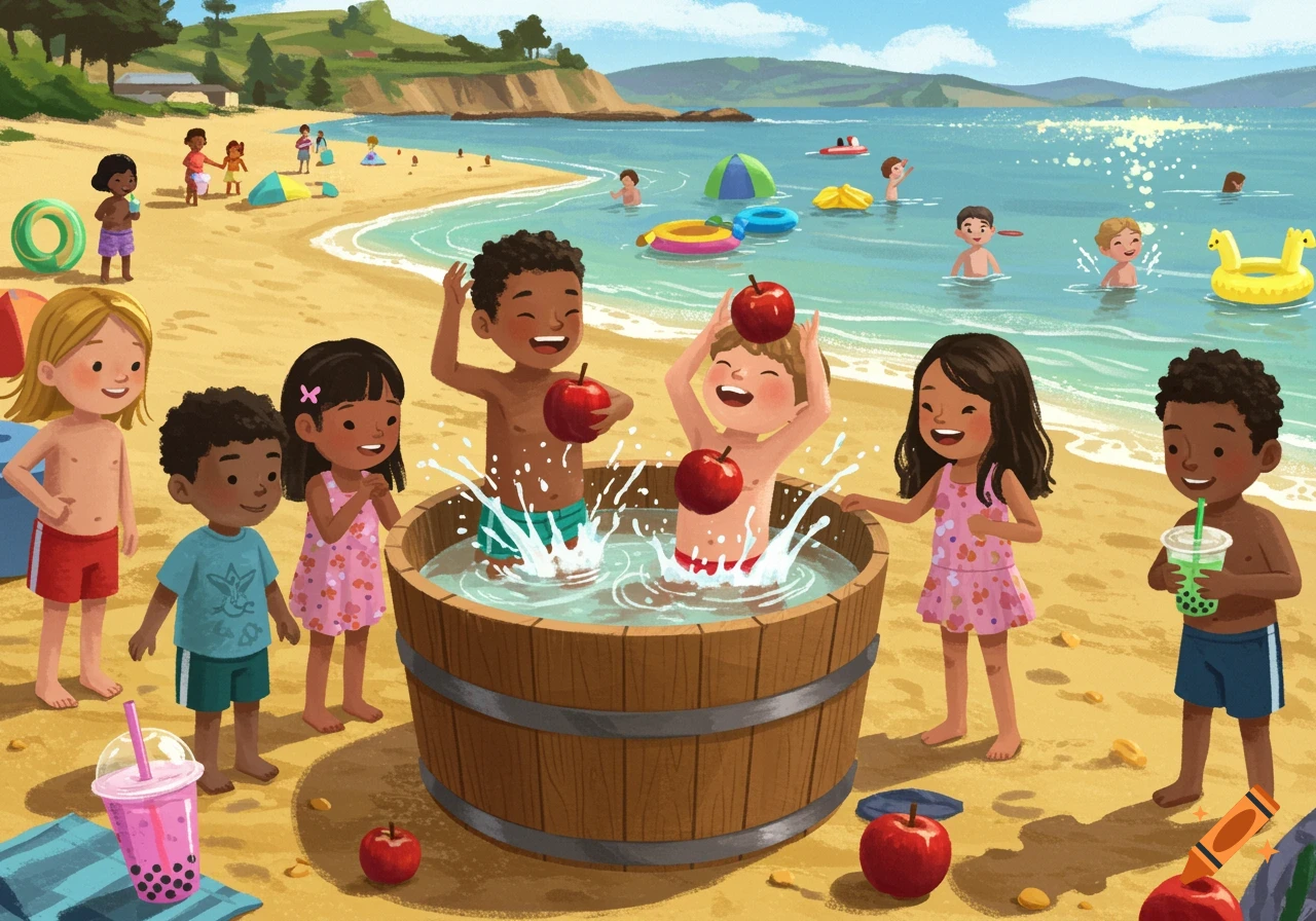 Children playing and apple bobbing in a tub on a sunny beach with others swimming and enjoying boba tea in the background.