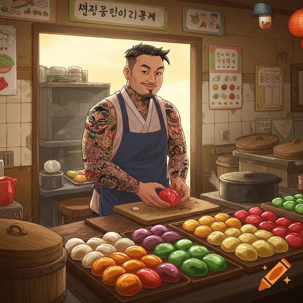 A tattooed man in an apron prepares colorful food items in a traditional shop.