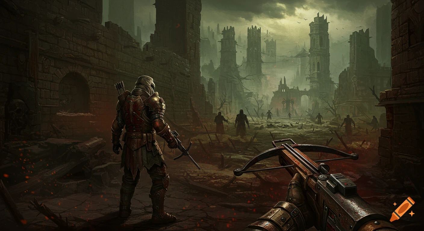 Medieval warrior with crossbow in ruined city landscape.