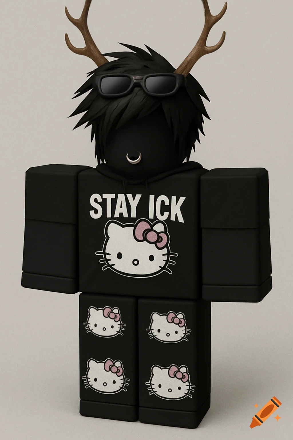 Roblox character with deer horns, sunglasses, and nose ring, wearing a black "STAY ICK" Hello Kitty hoodie and Hello Kitty pants.