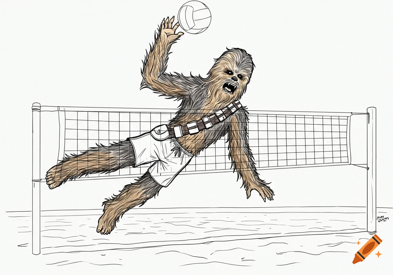 Line art of Chewbacca jumping over a volleyball net to hit a ball on a beach.
