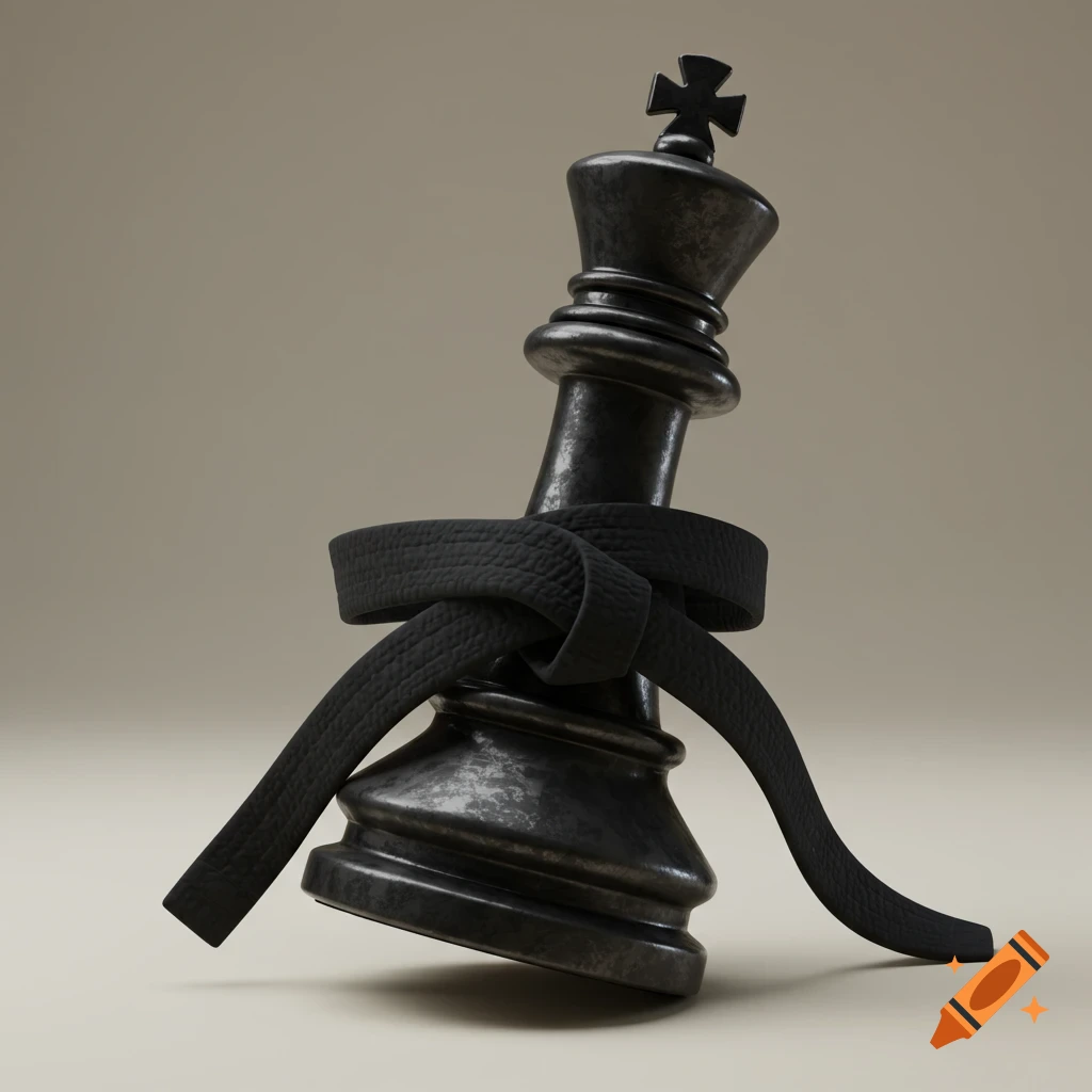 A black 3D chess king piece tilted with a black belt tied around it.