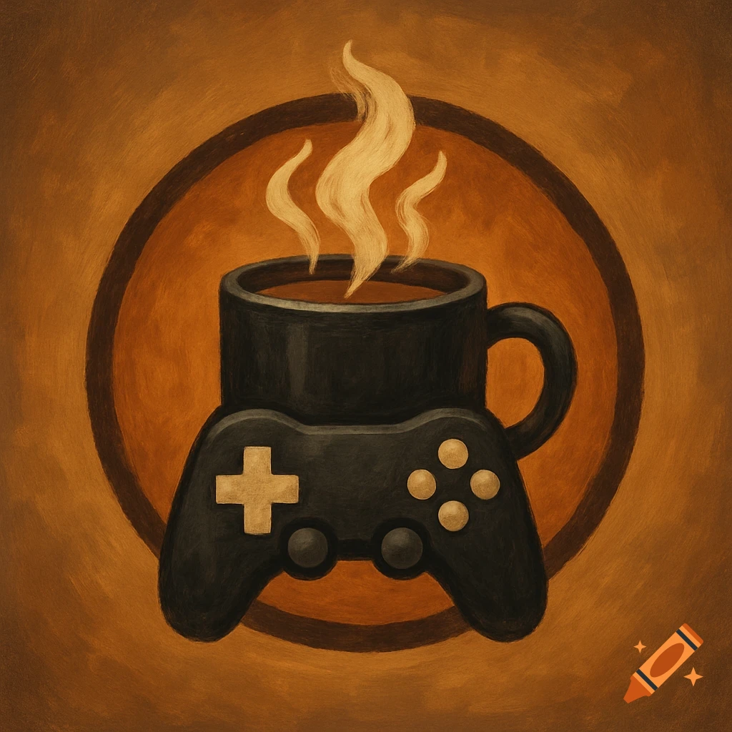 A painting combining a black coffee mug and a video game controller, centered in a brown circle on a textured background.