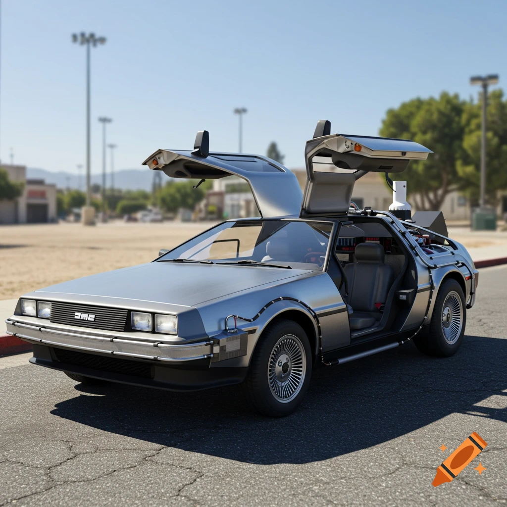 A silver DeLorean car from Back to the Future with its gull-wing doors open in a suburban setting, photorealistic.