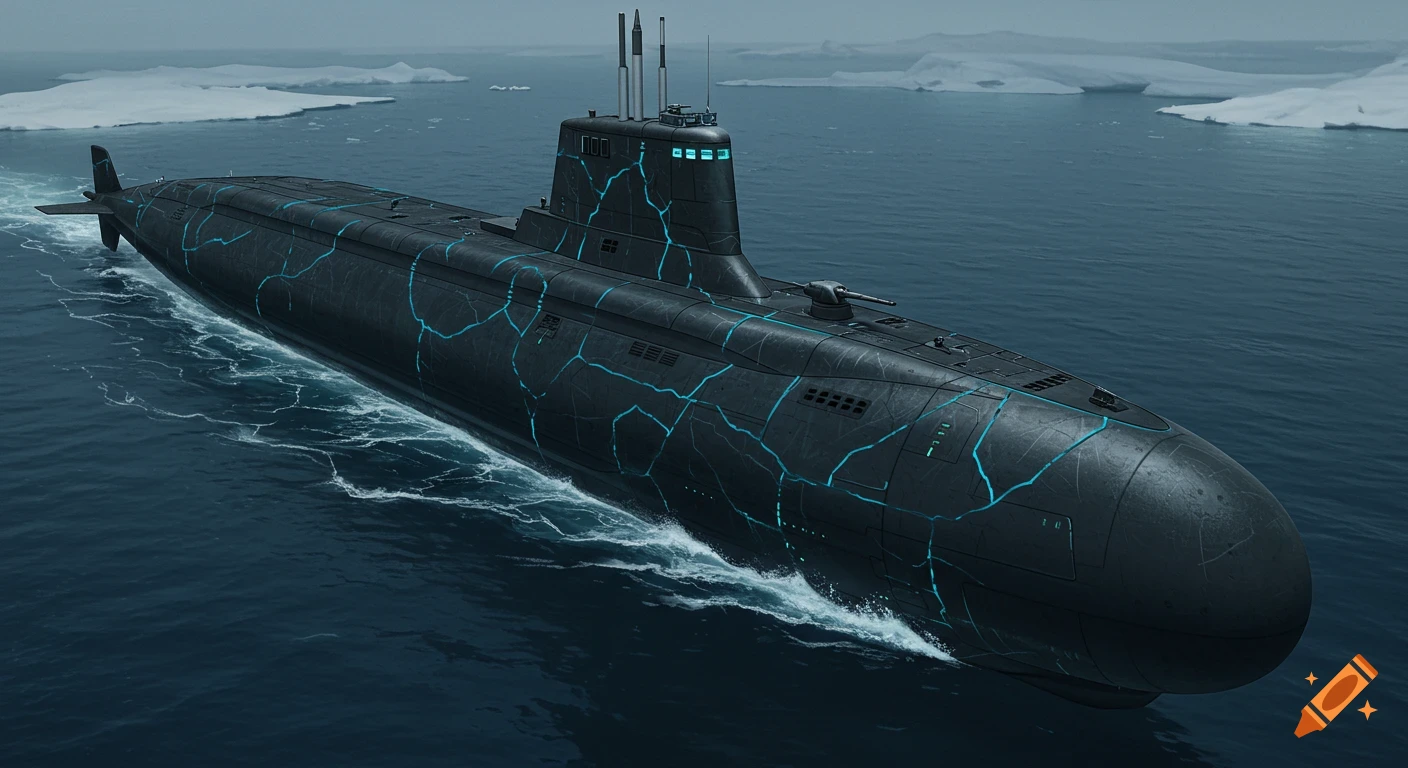 Dark submarine with blue glowing veins in icy water near icebergs