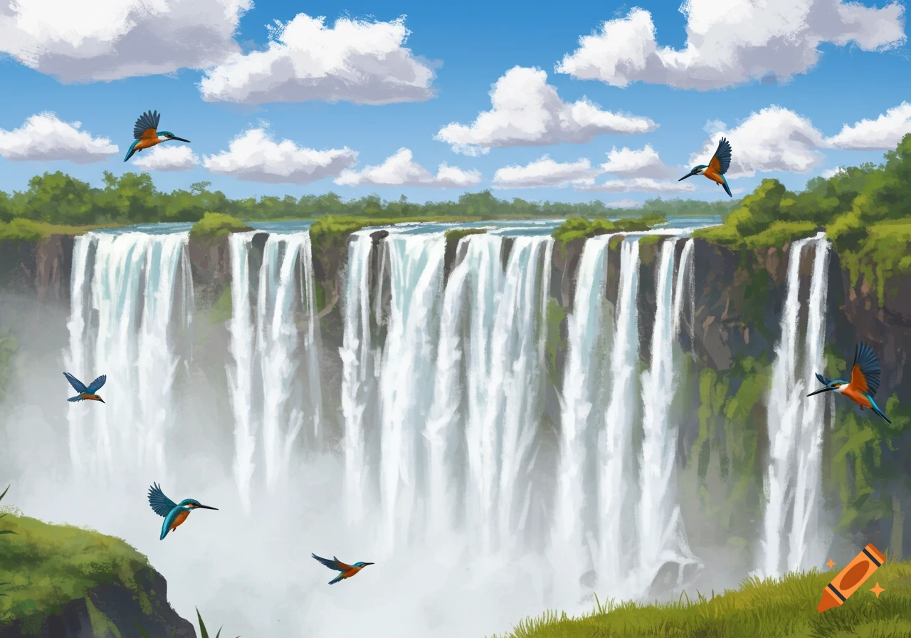 Illustration of a large waterfall with green cliffs and several colorful birds flying in a blue sky with clouds.