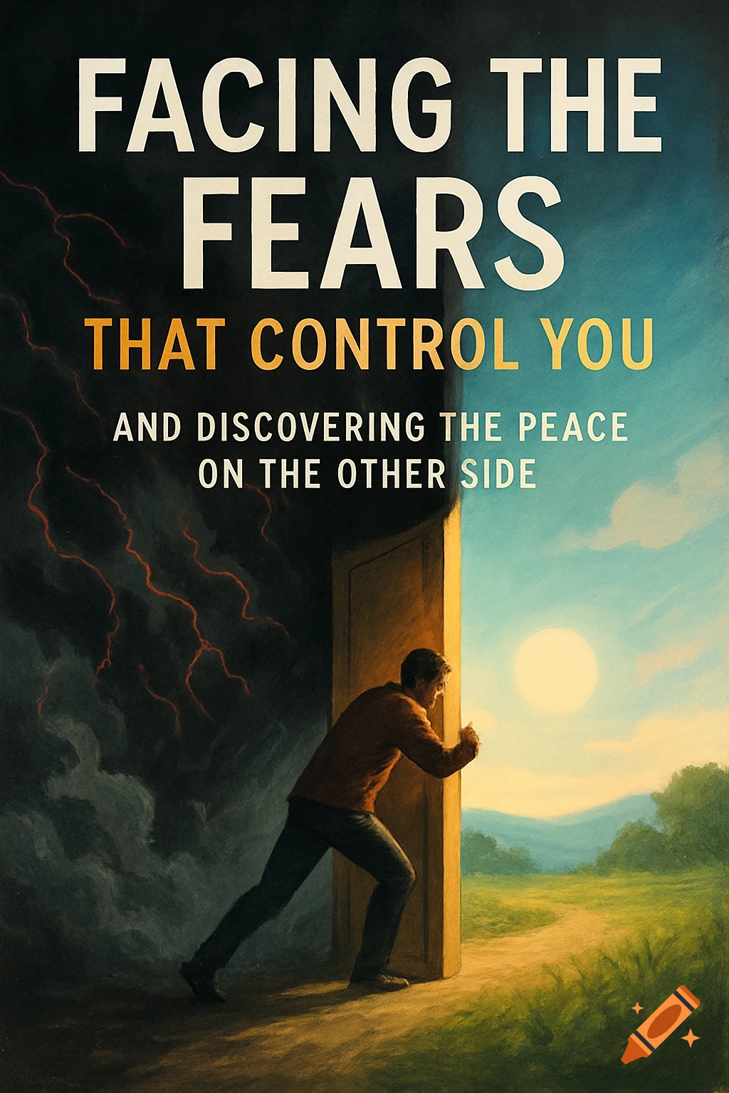 Illustration of a man pushing open a door between a dark storm and a sunny landscape with text on the dark side.