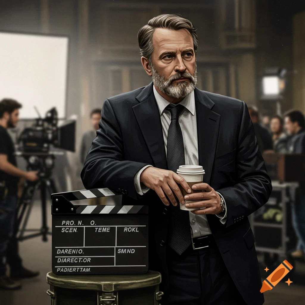 A director in a suit holds a coffee cup, leaning on a clapperboard on a film set.