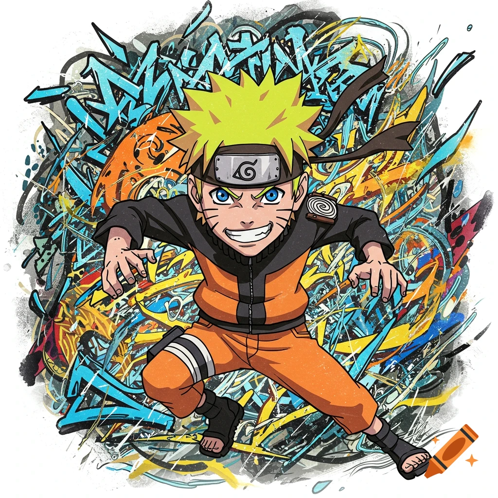Anime character Naruto in dynamic pose against colourful graffiti background.
