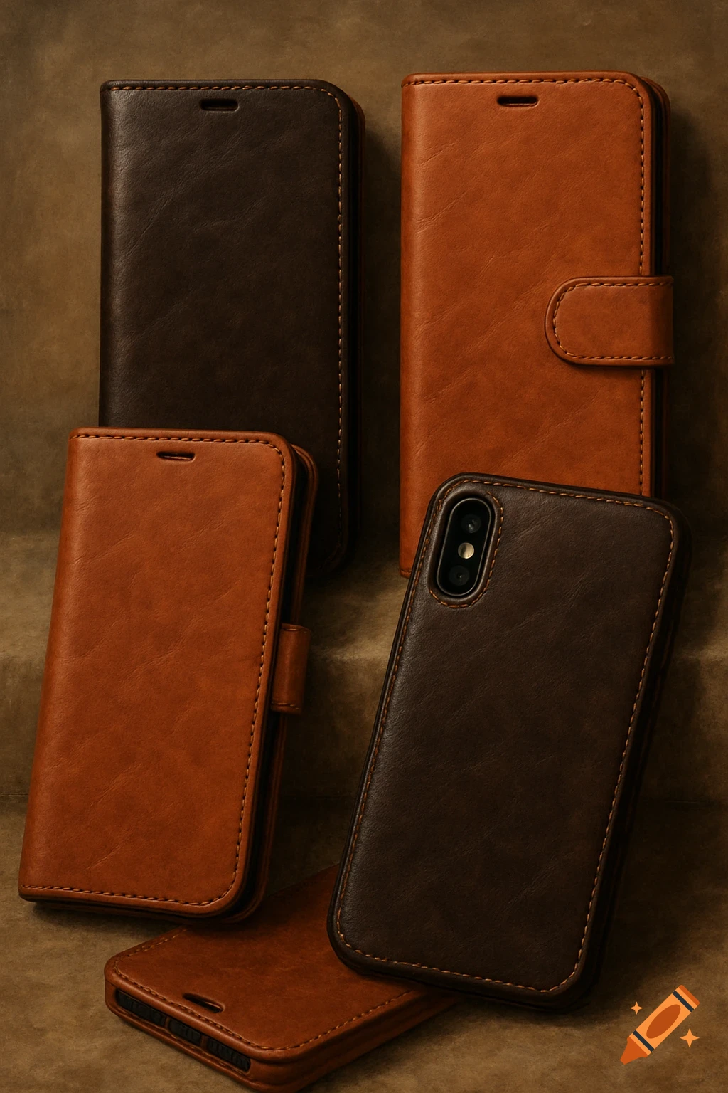 Several brown and tan leather phone cases.