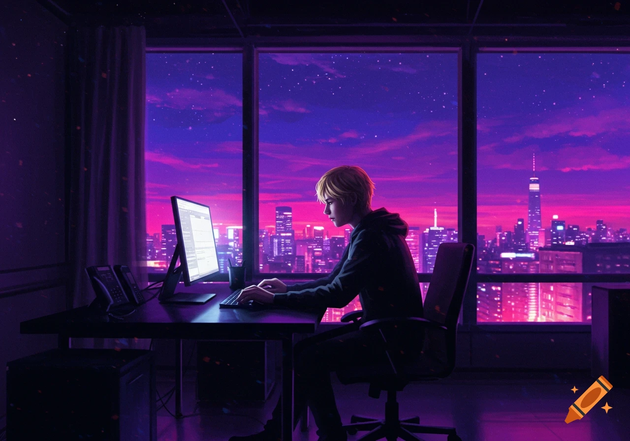 Person with blonde hair typing on computer overlooking vibrant purple and pink city skyline at dusk, anime style.