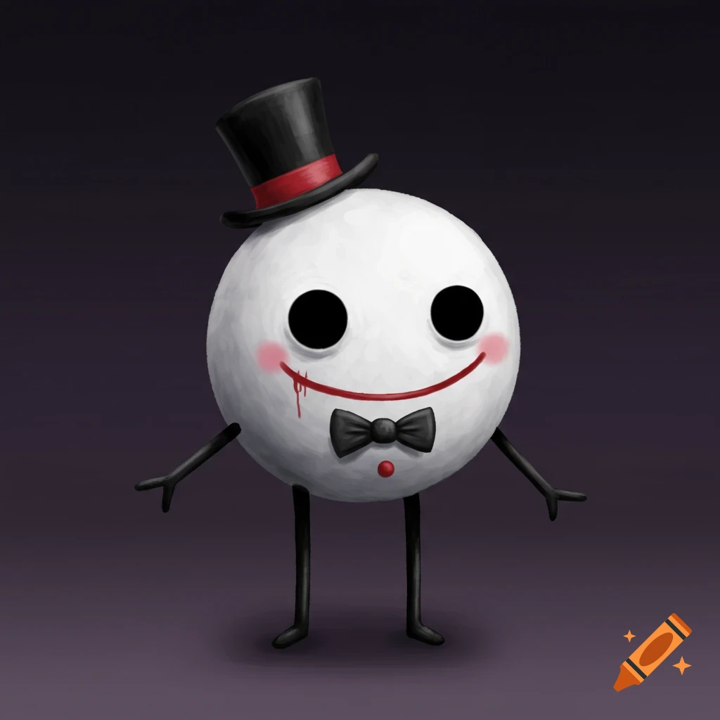 Illustration of a creepy white ball character with stick limbs, top hat, bow tie, and bloody smile.