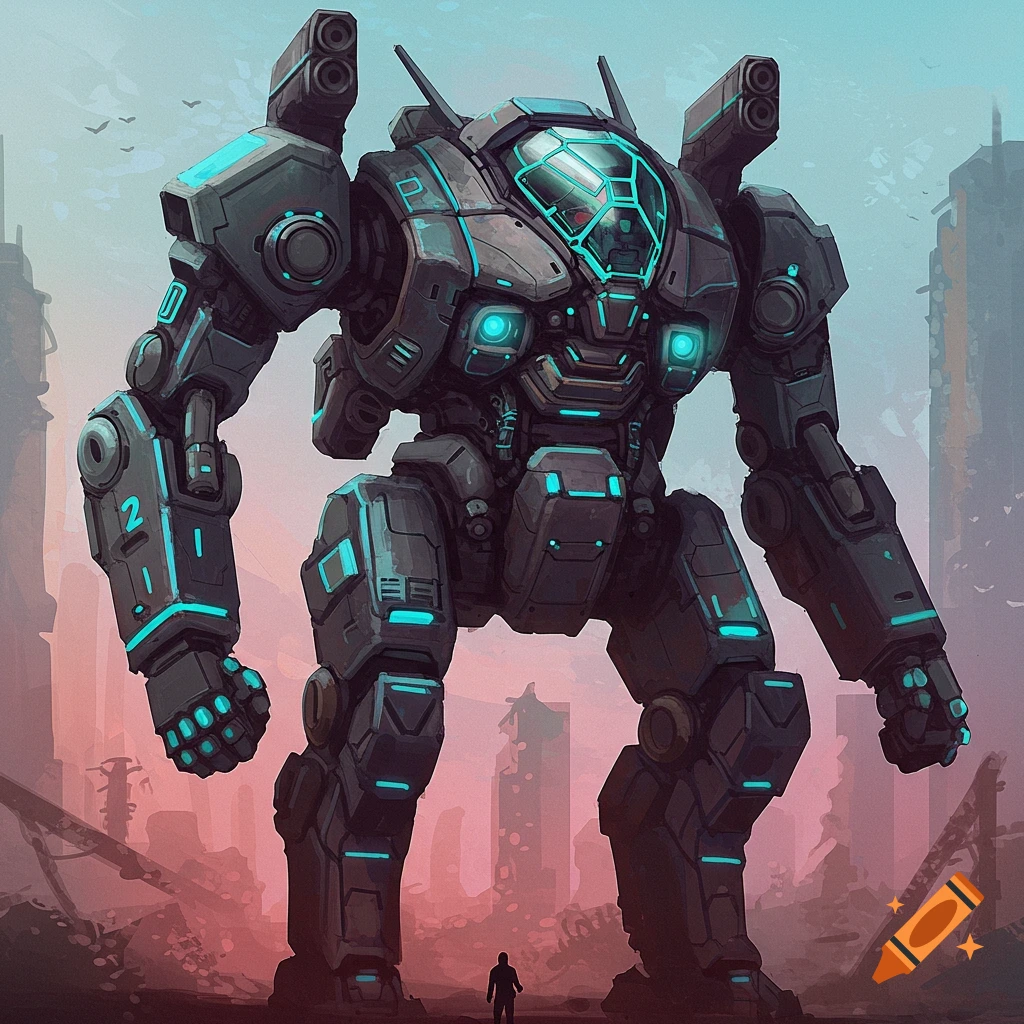 Giant futuristic mech stands before a small human figure in a desolate wasteland.