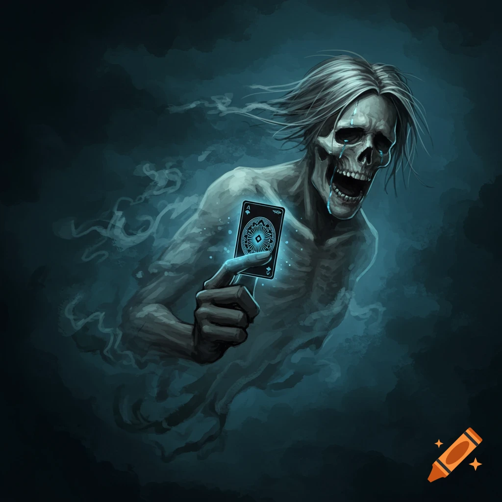 A spectral ghost figure with a skeletal face holds up a glowing playing card in a dark, misty scene.