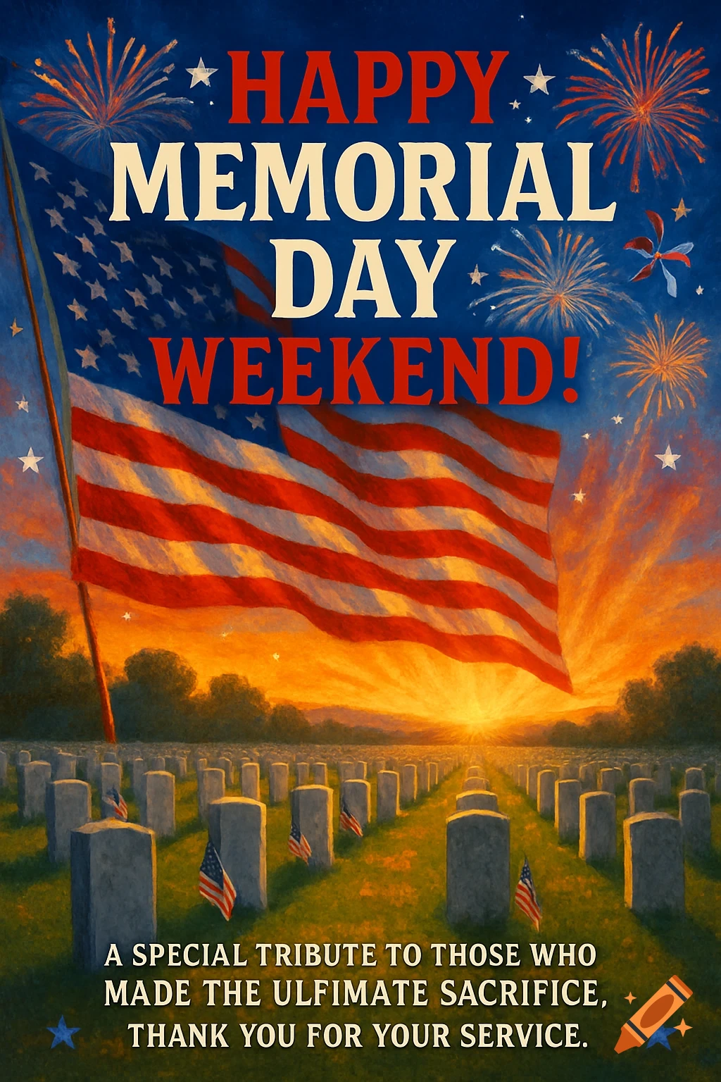 A patriotic image for Memorial Day showing an American flag, fireworks, and a cemetery at sunset.