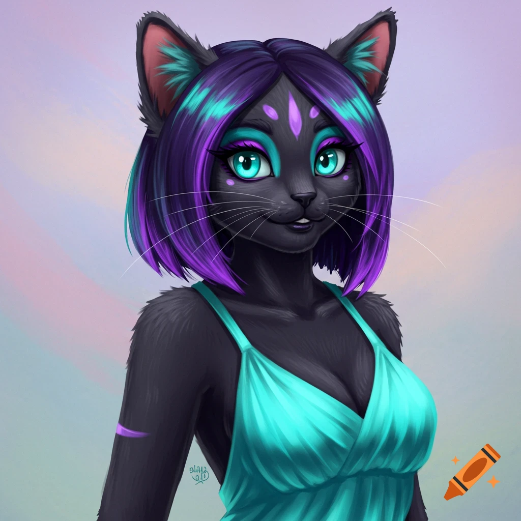 Illustration of a black furry cat woman with purple hair and markings, wearing an aqua blue sundress.