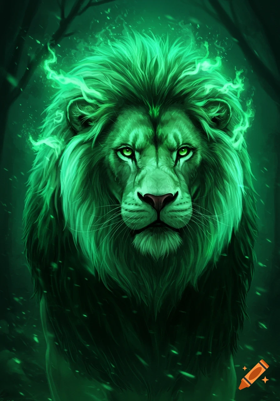 Close-up portrait of a lion with glowing emerald green fur and fiery mane against a dark forest background.