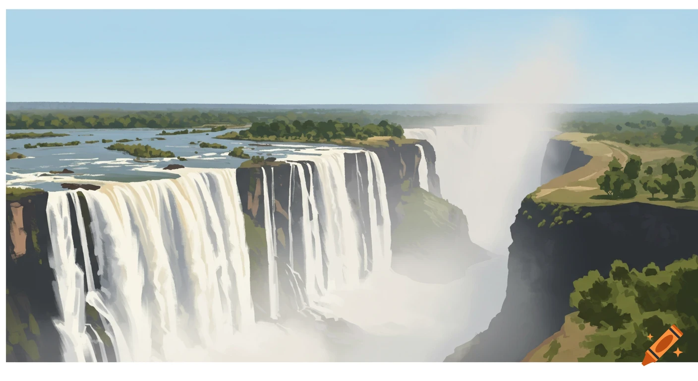 Minimalist illustration of a large waterfall plunging into a gorge, viewed from a distance.