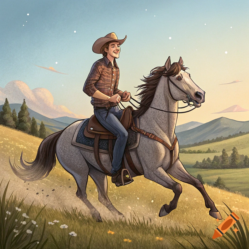 Illustration of a cowboy riding a horse through a grassy field at sunset