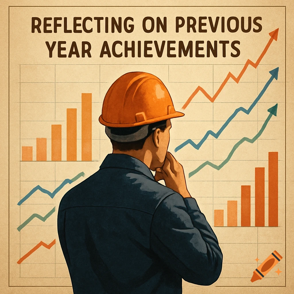 Man in a hard hat looks at rising bar charts and line graphs with text "REFLECTING ON PREVIOUS YEAR ACHIEVEMENTS" in vintage poster style.