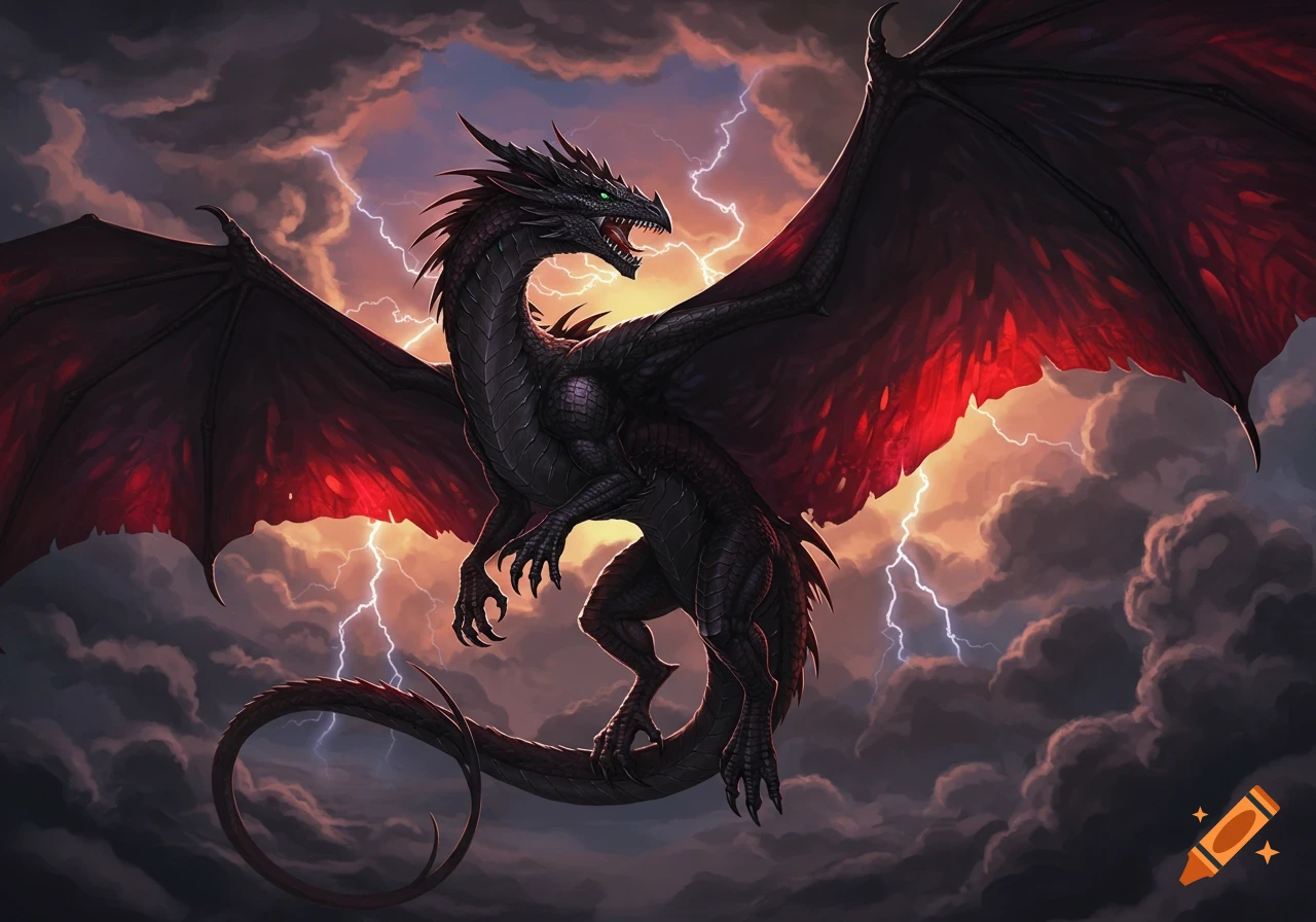 A black dragon with red wings flies through a dark, stormy sky with ...