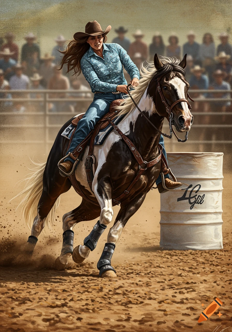 Cowgirl on a paint horse rounds a barrel in a rodeo arena, detailed illustration.