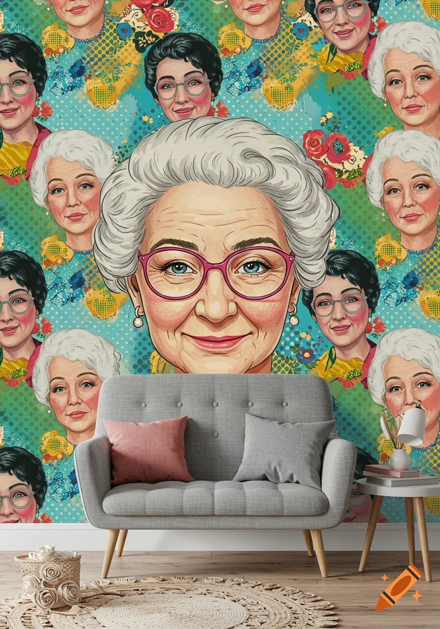 Living room with wallpaper featuring a repeating pattern of illustrated grandmother faces, flowers, and abstract elements above a gray sofa, table, and rug.