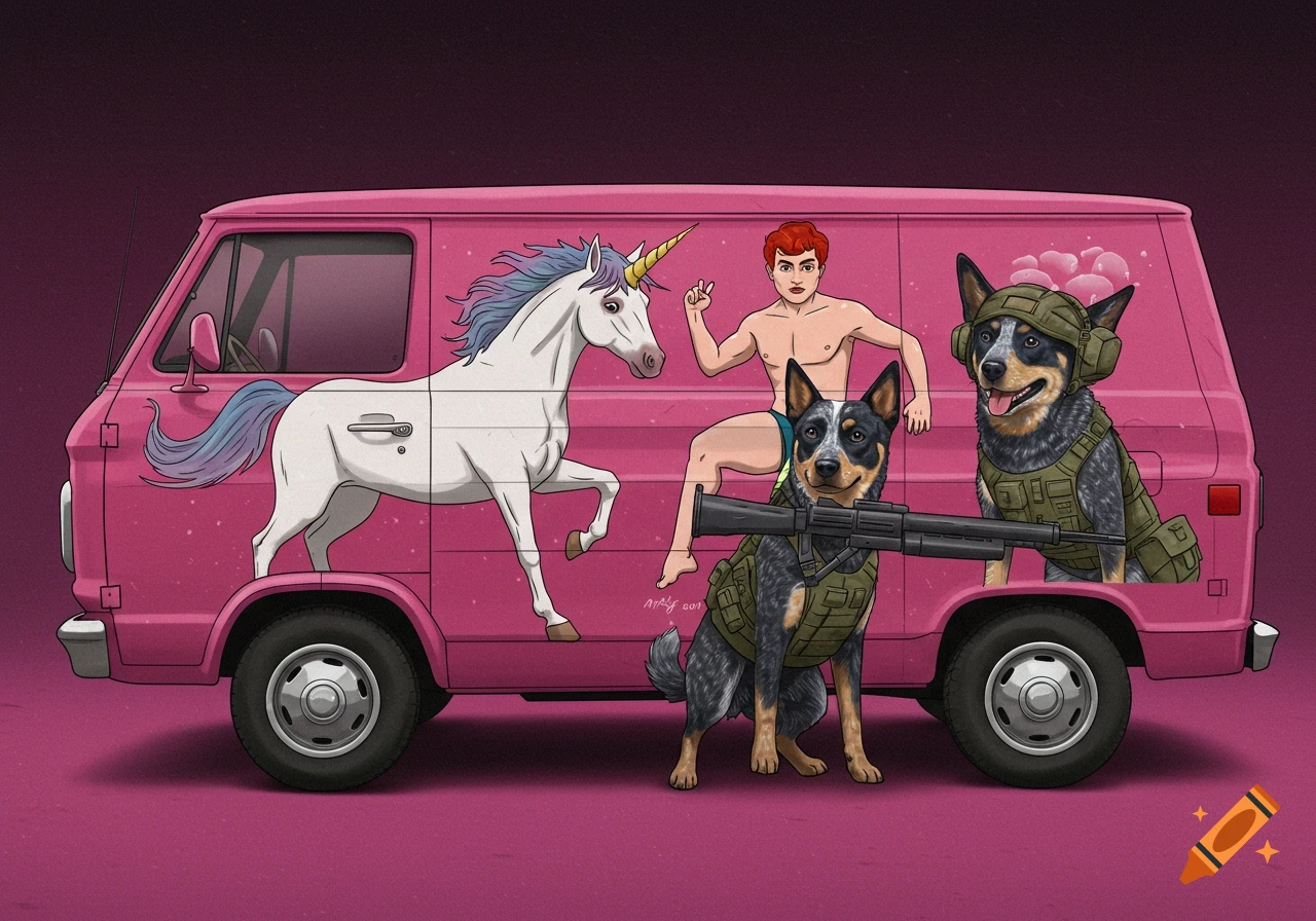 Cartoon illustration of a pink van with a mural of a unicorn, shirtless man, and two dogs in military gear.